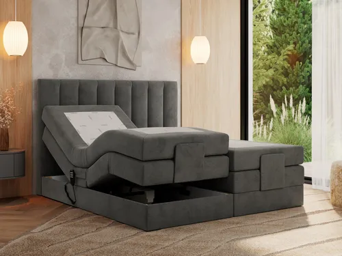 MKS MEBLE Boxspringbett 140x200 elektrisch verstellbar - Comforto Dunkelgrau Velvet - Elegantes Boxspringbett mit elektrisch verstellbaren 7-Zonen Taschenfederkern-Matratzen, individuelle Liegepositionen durch zwei Fernbedienungen, optimaler Komfort dank T30-Schaum und T25-Topper für besseren Schlaf.