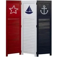 Homestyle4u 3-tlg. Paravent in Weiß 105x130 cm - Dekorativer Raumtrenner mit maritimen Motiven, aus stabilem Echtholz, ideal für eine behagliche Atmosphäre im Innenbereich. Zusammenklappbar und platzsparend.