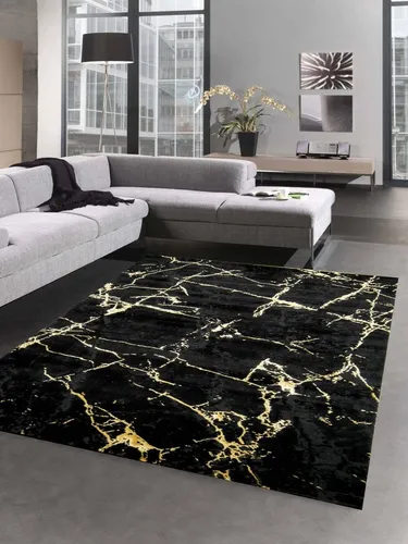 Carpetia Teppich Teppich modern Wohnzimmerteppich Marmor Optik schwarz gold, rund, Höhe: 12 mm