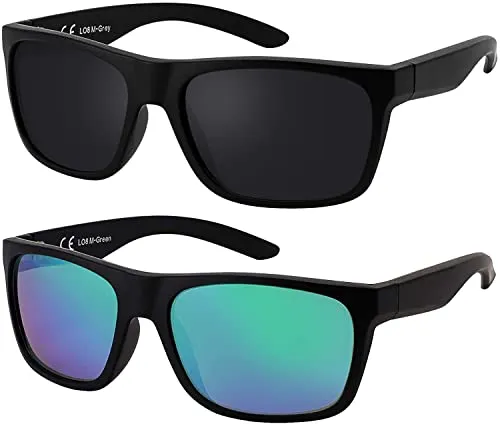 La Optica B.L.M. Herren Sonnenbrille UV400 Männer Sportbrille Fahrradbrille - Doppelpack Set Matt Schwarz (Gläser: 1 x Grau, 1 x Grün Verspiegelt)