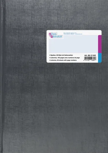 König & Ebhardt 8612042 Geschäftsbuch - A4 Spaltenbuch mit 96 Blatt, 4 Spalten und 32 Zeilen pro Seite, ideal für präzise Buchführungen. Fadenheftung und Seitenzahlen sorgen für einfache Handhabung.