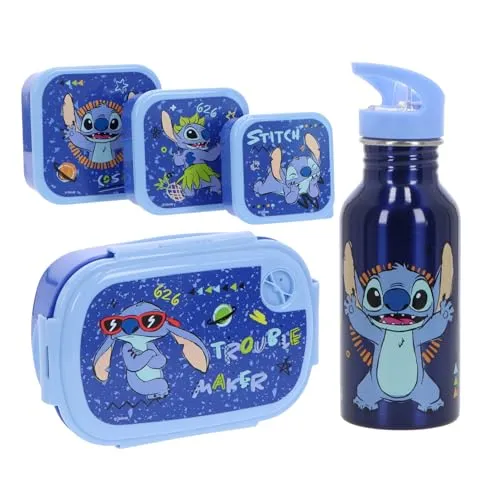 Stitch Lunchset für Kinder – 5-teilig mit Brotdose, 3 Snackboxen & Trinkflasche – Blaues Set für Jungen & Mädchen – Ideal für Schule, Kindergarten & Ausflüge