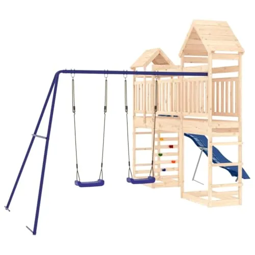 vidaXL Spielturm mit Kletterwand, Rutsche und Schaukel - Gestalte den Garten zum Abenteuerspielplatz! Dieser Spielturm aus Kiefernholz bietet Kletterwand, Rutsche und Sandkasten für unvergessliche Spielstunden. Robuste Konstruktion und durchdachtes Design sorgen für Sicherheit und Stabilität.