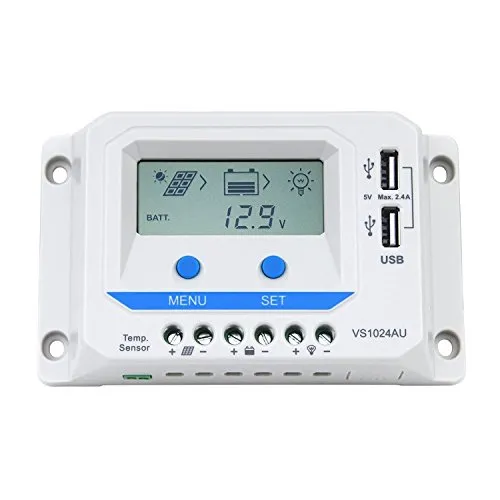 EPEVER® PWM Laderegler 10A - VS1024AU Charge Controller - PWM-Solarladeregler mit intelligentem LCD-Display und dualem USB-Anschluss. Ideal für ökologische Häuser und Boote, bietet er mehrere Laststeuerungsmodi und schützt vor Überlastung.