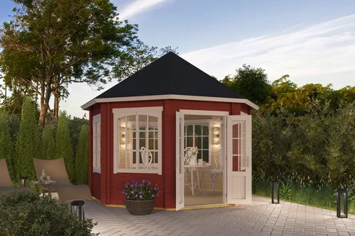Lasita Pavillon Walmdach 44 mm Jamaica rot 367x367 cm - Gartenpavillon mit 9 m² Nutzfläche, 3 Doppelfenstern und abschließbarer Doppeltür. Ideal für entspanntes Verweilen im Garten.