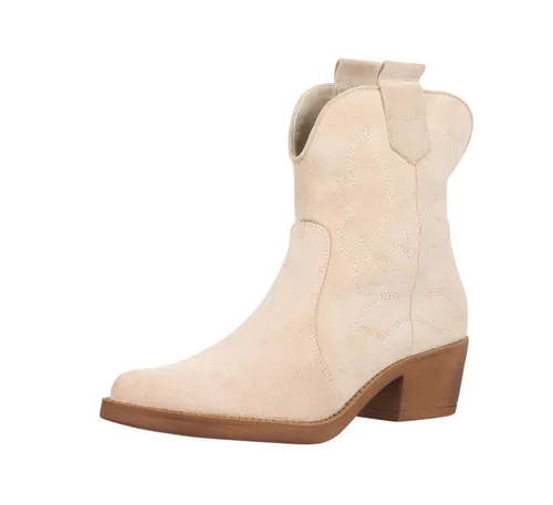 Elara Cowboy-Stiefeletten Beige/Braun 38 EU - Stilvolle Cowboy-Stiefeletten in Beige/Braun, Größe 38. Aus atmungsaktivem Synthetik, ideal für modische Outfits. Mit praktischem Reißverschluss und elegantem Blockabsatz.