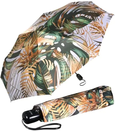 Doppler Damen Regenschirm Satin Precious - Stilvoller Taschenschirm mit Auf-Zu-Automatik - Taschenschirm für modebewusste Damen mit auffälligem grün-braunem Pflanzen-Muster und praktischer Auf-Zu-Automatik. Leicht und stabil, ideal für jede Wetterlage.