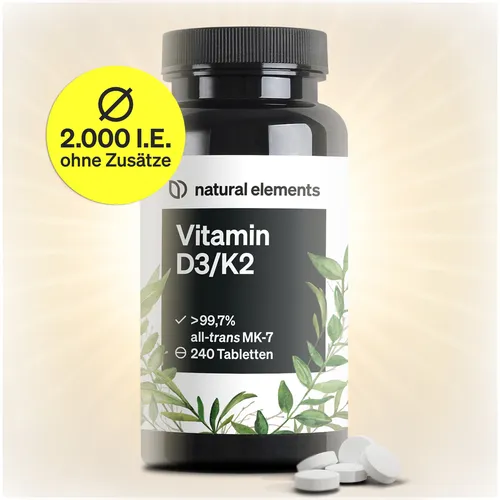 Vitamin D3/K2 - 2000 I.E. Tabletten NATURAL ELEMENTS - Hochdosierte Vitamine für starke Knochen und ein gesundes Immunsystem, 1 Tablette jeden zweiten Tag sorgt für optimale Versorgung.