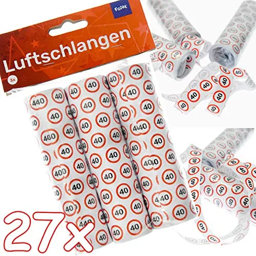 Carpeta 27 Luftschlangen * 40. Geburtstag * als Deko für Party und Birthday | 3 Rollen mit je 9 Schlangen mit Verkehrsschild Zahl 40 | Tischdeko Streamer