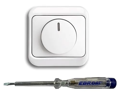 Busch Jäger 6523U-102 LED-Drehdimmer LED-Dimmer mit Dimmerscheibe Zentralplatte 6540-24G und Einfachrahmen in alpha studioweiß glänzend inklusive EBROM Phasenprüfer zur Montage des Dimmers