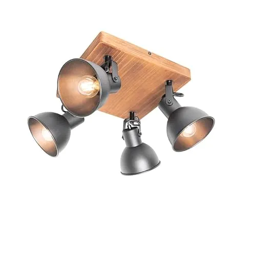 QAZQA Tommy Industrie-Spot - 4-flammiger Deckenspot in Schwarz mit Holz - Stilvoller 4-flammiger Deckenspot für Innenräume, dimmbar (Dimmer nicht enthalten) und ideal für Wohnzimmer, Flur oder Büro. Perfekte Kombination aus Industrie-Design und Funktionalität.