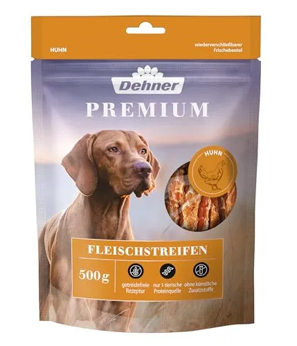 Dehner Premium Hundesnack, Leckerli getreidefrei / fettarm, Kausnack für ausgewachsene Hunde, Hühnerbrustfilet in Streifen, 500 g