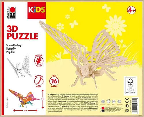 Marabu 3D Holz Puzzle Schmetterling Kinder Spielzeug 16 Teile ausmalbar Mädchen