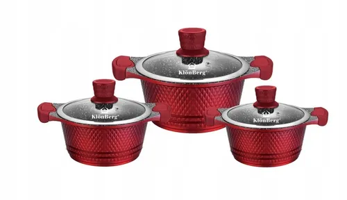 6-teiliges rotes Topfset von KlönBerg - Hochwertiges Kochtopfset für alle Herdarten, inklusive Induktion. Marmorierte Antihaftbeschichtung für einfaches Kochen und Reinigen.