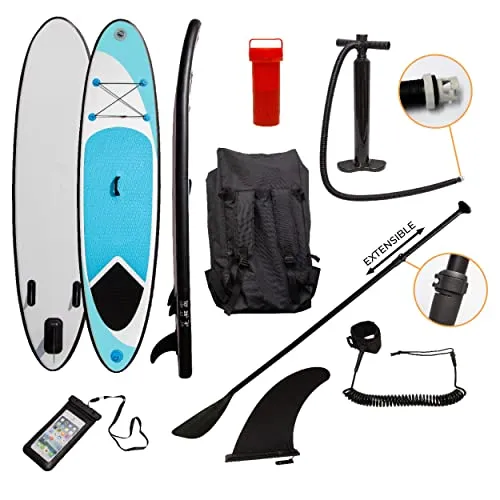 Aufblasbares Stand Up Paddle Board Set in Blau 307cm Surfboard SUP Leichtgewichtig 6.75kg Wassersport rutschfest Tragetasche Handpumpe Elastischer Knöchelriemen 3 Flossen wasserdichte Handyhülle