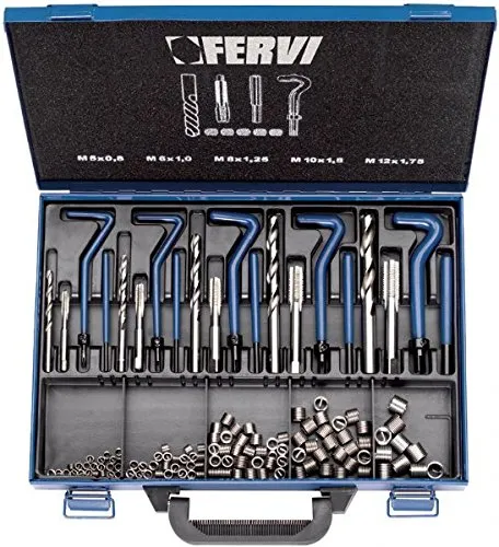 Fervi E010 Gewinde-Reparaturset M5-M12 - Werkzeug-Set zur präzisen Reparatur von Innengewinden M5 bis M12, inklusive hochwertiger HSS-Werkzeuge und praktischem Metallgehäuse für einfache Handhabung.