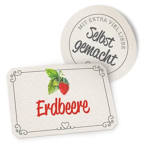 itenga Marmeladen Etikett Erdbeere Aufkleber selbstgemacht Sticker weiß Landhausstil selbstklebend - hochwertiges Papier - 10 Aufkleber rund und 10 Aufkleber rechteckig