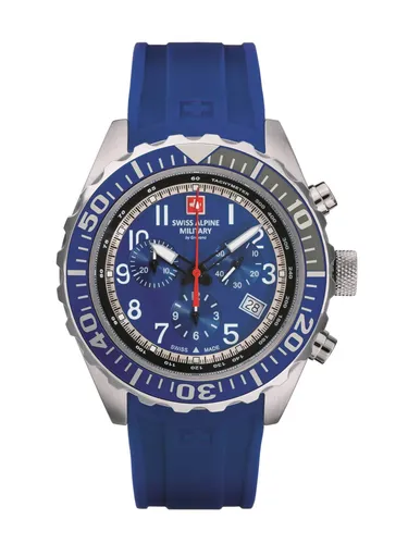 Swiss Alpine Military Herren Uhr Chrono 7076.9835SAM - Armbanduhren für Herren mit präziser Stoppuhr, robustem 45 mm Gehäuse und stilvollem blauen Silikonarmband – ideal für sportliche Aktivitäten.