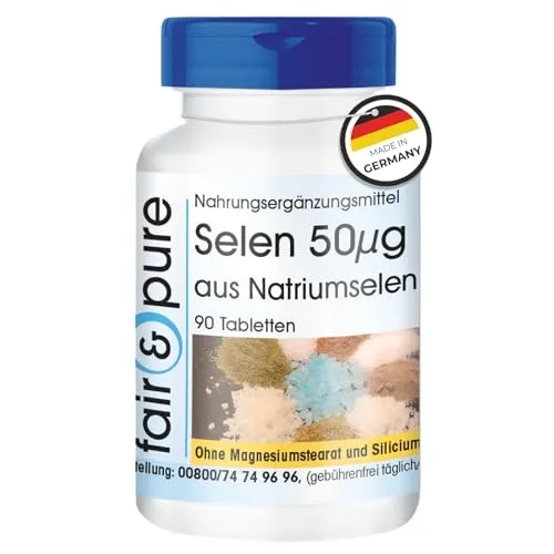 Fair & Pure Selen 50μg aus Natriumselenit, 90 Tabletten, schluckfreundlich, Nahrungsergänzungsmittel vegan ohne Magnesiumstearat, in Deutschland hergestellt