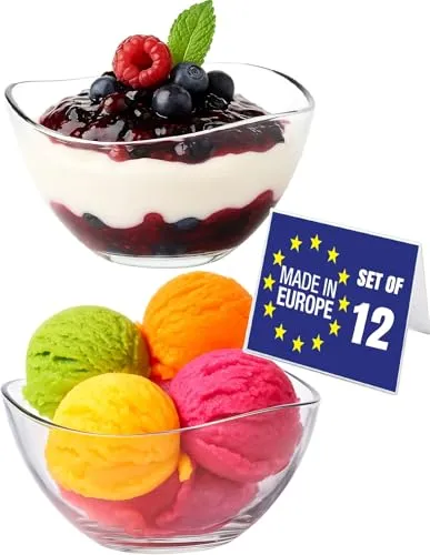 NORDIC SCHILLER Glas Dessertschalen Set 12, 215ml - Elegante, bleifreie Dessertschalen aus hochwertigem Glas, stapelbar und mikrowellenfest – perfekt für Desserts, Obst und Snacks. Ideal für jeden Anlass und leicht zu reinigen.