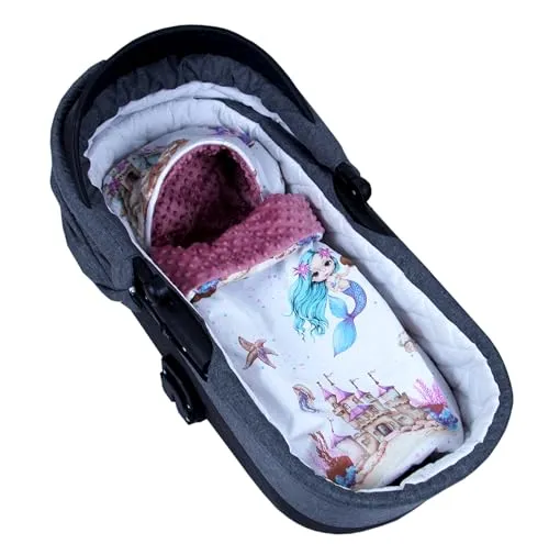 BabyLux Fußsack 90cm für Babyschale, Kinderwagen & Buggy, Minky, ideal für Frühling, Sommer Herbst &, warm & weich Kinderfußsack (147. Retro-Rosa + Meerjungfrauen)