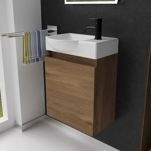 Alpenberger Badmöbel-Set Gäste WC - Waschbecken mit Unterschrank - Badmöbel-Set mit vormontiertem Waschbeckenunterschrank in Eiche, ideal für platzsparende Badezimmerlösungen und mit Softclose-Funktion für leises Schließen.