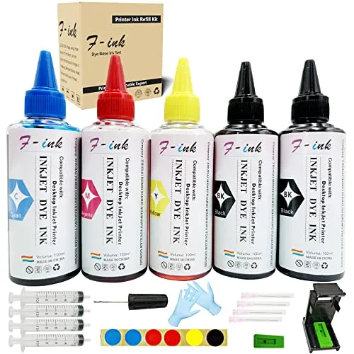 F-INK 5 x 100 ml Tinte und Nachfüller für HP 304 302 650 62 652 300 301 304XL 652XL 300XL 650XL 302XL 62XL 301XL Tintenpatronen mit Nachfüllwerkzeug