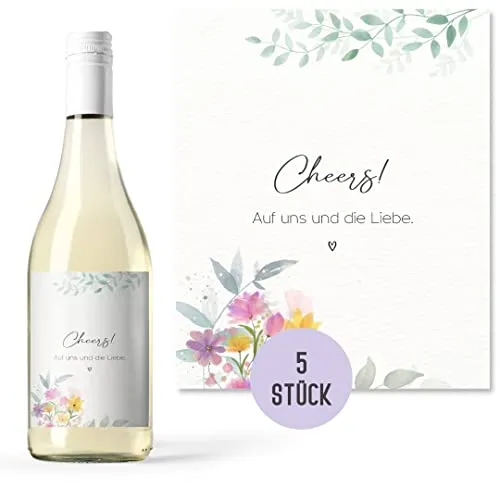 Flaschenetiketten Hochzeit (5 Stück) | Dekoration oder Geschenk zur Hochzeit und Verlobung | Aufkleber für Weinflasche, Sektflasche selbstklebend | Geschenk JGA (Wedding Edition #3 Pastell Flowers)
