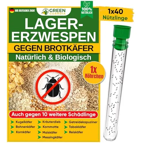 GREEN GUARDIA Lagererzwespen gegen Brotkäfer - 40 Nützlinge für nachhaltige Schädlingsbekämpfung - Nützliche Insekten zur Schädlingsbekämpfung: Effektiv gegen Brotkäfer, Kornkäfer und Messingkäfer, chemiefrei und sicher für Haustiere.
