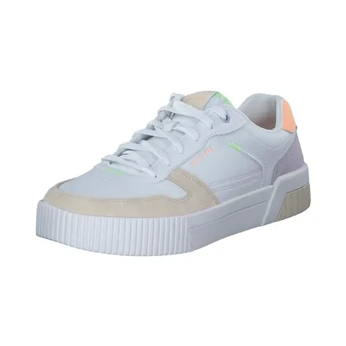 Skechers Damen Sneakers - Weißer Duraleather Multi Trim, 36 EU - Damen-Sneaker mit duraleather und Wildleder Overlay, stoßdämpfender Zwischensohle und luftgekühlter Memory Einlegesohle für maximalen Komfort.