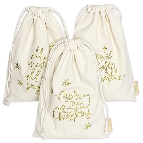 Papierdrachen Geschenkverpackung Weihnachten 2025 - Stoffbeutel 3er Set - 20x30 cm - beige - mit Stickerei in gold - wiederverwendbar zum Befüllen