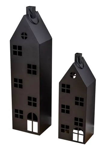 Levandeo® Kerzenlaterne 2er Set - Deko Windlicht in Schwarz - Kerzenhalter im skandinavischen Design, ideal für große Stumpenkerzen oder Lichterketten. Set aus zwei Metalllaternen mit modernem Hausformat, perfekt für stilvolle Raumdekoration.
