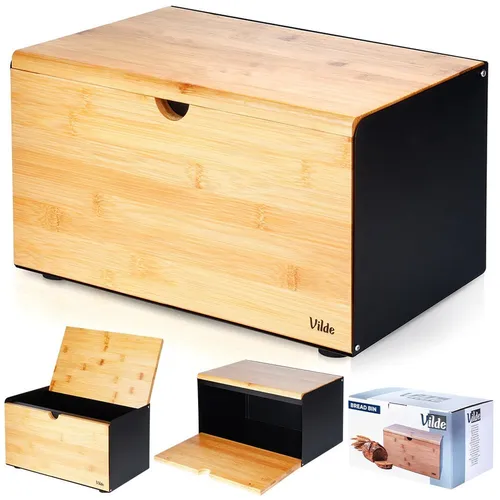 Brotkasten Brotkorb aus Metall und Holz mit Doppeldeckel schwarz 35,5x22x20,5 cm