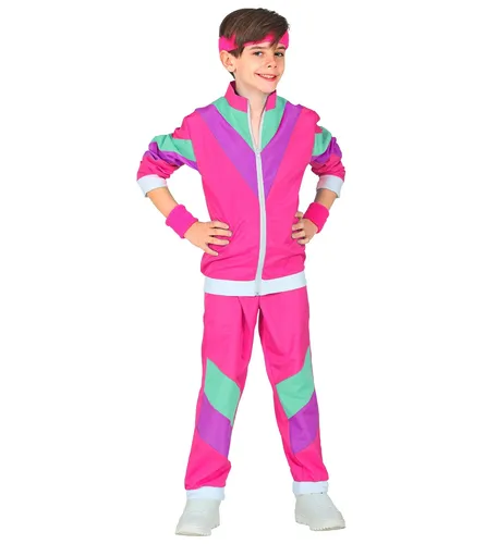 80er Jahre Jogginganzug für Kinder pink - 140 - Kostüm für Mottopartys, sorgt für nostalgische Stimmung und Spaß bei jedem Anlass. Ideal für Karneval, Halloween und Geburtstagsfeiern!