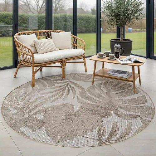 Carpettex Outdoor Teppich Rund 80 cm Beige, Wetterfest UV beständig, Balkon Teppich Küche Flur Indoor Outdoor, Palmblätter Design Pflegeleicht robust drinnen und draußen