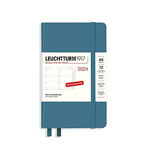 LEUCHTTURM1917 367635 Wochenkalender Pocket (A6) 2024, mit Extraheft für Adressen und Jahrestage, Stone Blue, Deutsch, 12 Monate