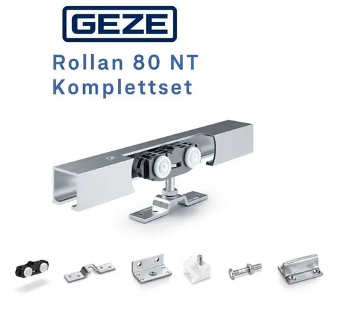 Geze Rollan 80 NT Schiebetürbeschlag Set - Komplett Set mit Laufschiene in 325cm, ideal für Türbreiten von 50-164cm, aus robustem Aluminium in elegantem Silber.