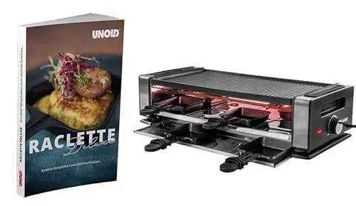 Unold 48930 Raclette Finesse Basic für bis zu 8 Personen - Raclette-Grill mit 1200 Watt Leistung, ideal für gesellige Abende. Inklusive Rezeptbuch und Zubehör für bis zu 8 Personen.