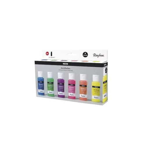 Rayher Acrylfarben-Set Neon, 6 Farben à 60 ml (gelb, orange, pink, lila, blau, grün), für Einsteiger und Profikünstler, für viele Untergründe geeignet, wasserbasierend, 35060000