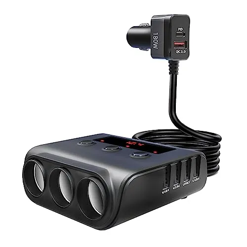 Zigarettenanzünder USB C 3 Fach Verteiler, 180W Auto Ladegerät Adapter, Car Gadget Auto Zubehör Innenraum 12V 24V zigarettenanzünder Splitter mit 5 USB für Smartphone iPad Dashcam GPS Sitzheizung