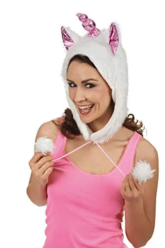 Andrea Moden 3287705 - Einhorn Mütze mit zwei langen Pompon Zöpfen, für Erwachsene, Tier, Kopfbedeckung, Accessoire, Motto Party, Karneval