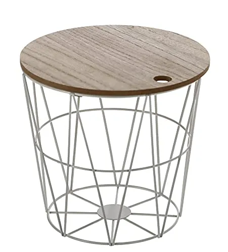 Spetebo Holz Blumenhocker mit Metall Aufbewahrungskorb - Farbe: weiß - Pflanzenhocker Blumentisch Deko Hocker Holzhocker klein