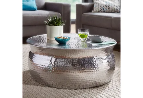 FINEBUY Couchtisch SuVa12222_1 - Aluminium Hammerschlag Silber Rund - Stylischer Couchtisch aus Aluminium, ideal für den modernen Wohnstil. Mit großzügiger Ablagefläche für Snacks und Getränke - perfekt für entspannte Fernsehabende!