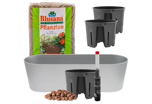 LENI Jardiniere Blumentopf länglich Pflanzkasten 36 cm lang Kräuter & Zimmerpflanzen (Komplettes Starter Set Selbstbewässerungstopf, mit 3 x Kulturtopf, 1 x Wasserstandsanzeiger, 5l Pflanzton), Übertopf ohne Loch für Hydrokultur & Erde, perfekt als Kräuter-Topf