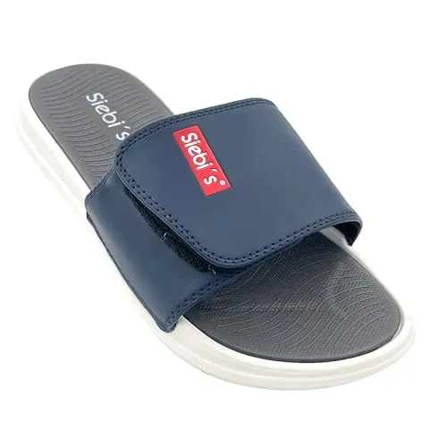 Siebi's Badeschuh Herren - SpaMen Slipper mit Klettverschluss, Navy, 45 - Dusch- & Badeschuhe für Herren, rutschhemmend mit variabel einstellbarem Klettoberteil und weichem Fußbett für höchsten Komfort.