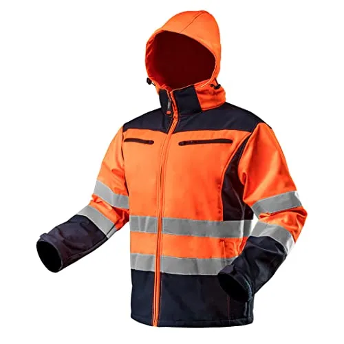 Warnung Softshell Arbeitsjacke mit Kapuze, orange, Gr.M - Schutzjacken für optimale Sichtbarkeit, wasserabweisend und atmungsaktiv – ideal für Outdoor-Arbeiten.