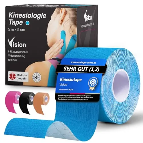 Vision Kinesiologie Tape Blau – 5 cm x 5 m – Kinesio Tape mit extra starkem Halt – Super hautverträgliche Kinesio Tapes – Tape Kinesio – Atmungsaktives und wasserfestes Physio Tape