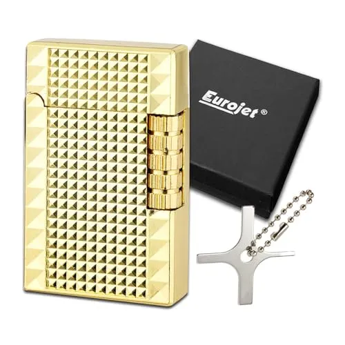 Goldenes Feuerzeug | Farbe: Gold (Geriffelt) | Stand Flamme | Reibrad | Set Edles Desgin Gas Marken Feuerzeug + Coumo Justier Werkzeug | Geschenkverpackung | Material: Metall