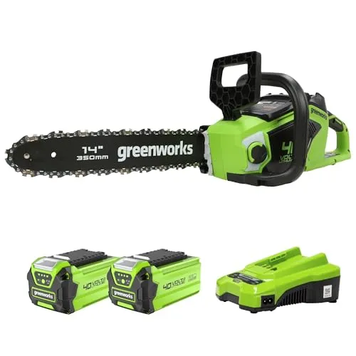Greenworks 40V 35cm Akku Kettensäge mit 2pcs 2Ah Akku und Ladegerät, Bürstenlosem Motor, 14 Zoll Blattlänge, 12 m/s Kettengeschwindigkeit, 3,5 kg, Automatischer Kettenschmierung, Rückschlagschutz