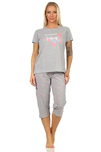 Sommerlicher Damen Kurzarm Capri Schlafanzug Pyjama mit Schmetterlingsmotiv, Farbe:grau, Größe:36-38
